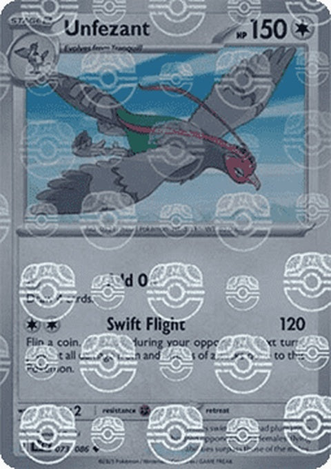 Black Bolt Unfezant Pokémon card with Master Ball pattern, featuring a black and white design and detailed artwork.