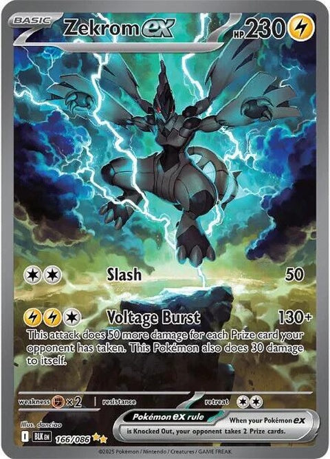 Black Bolt Zekrom EX Pokémon card, featuring a black bolt design and Zekrom artwork, on a Pokémon trading card.