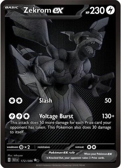 Black Bolt card featuring Zekrom EX from Pokémon, showcasing vibrant artwork and game details on a single trading card.