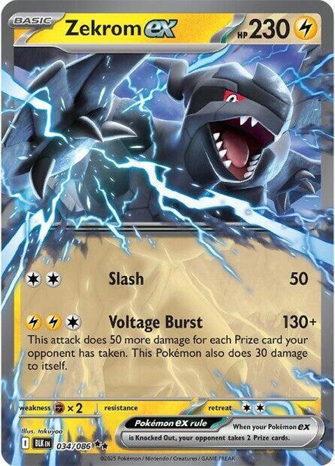 Black Bolt Zekrom EX Pokémon card, featuring black and blue artwork with Zekrom, a legendary Electric/Dragon type Pokémon.