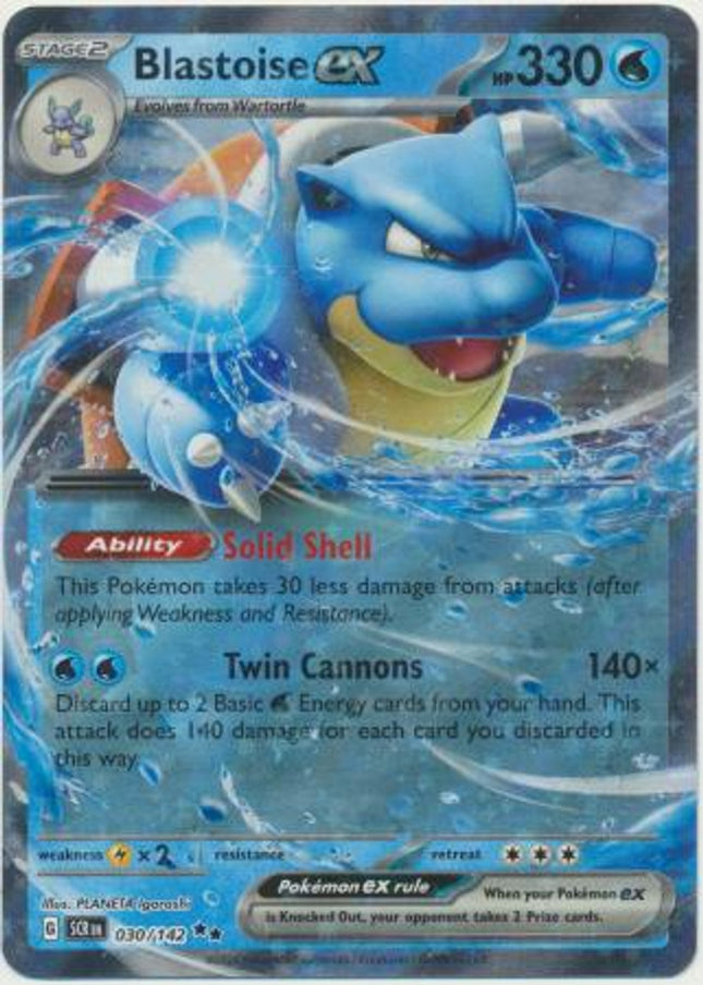 Blastoise ex 030/142 Pokémon card from Stellar Crown set, double rare, by KTM Collectibles UK, featuring Blastoise in vibrant artwork.