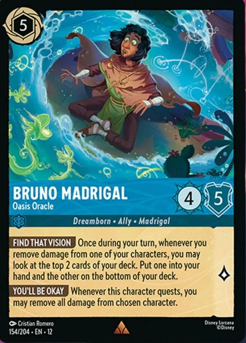 Disney Lorcana Bruno Madrigal Oasis Oracle single card featuring Bruno Madrigal in a vibrant, detailed illustration.