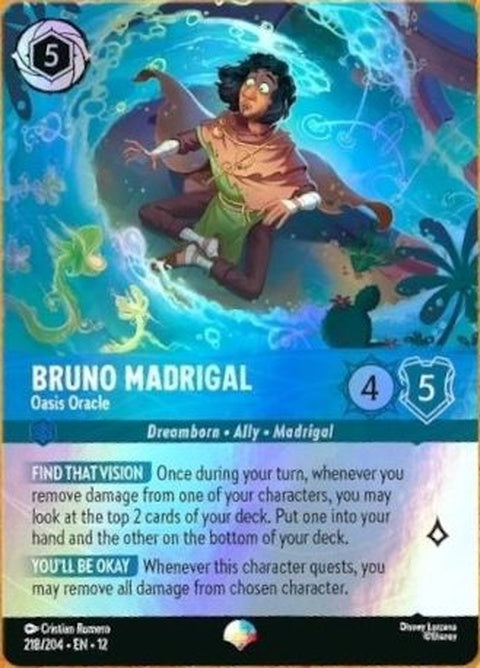 Disney Lorcana Bruno Madrigal Oasis Oracle card featuring Bruno Madrigal with mystical design and vibrant artwork.