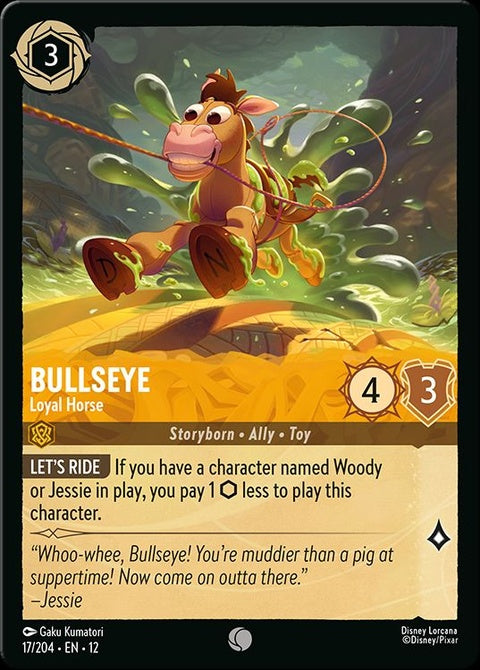Disney Lorcana Bullseye Loyal Horse collectible card, featuring detailed illustration of a loyal horse character.