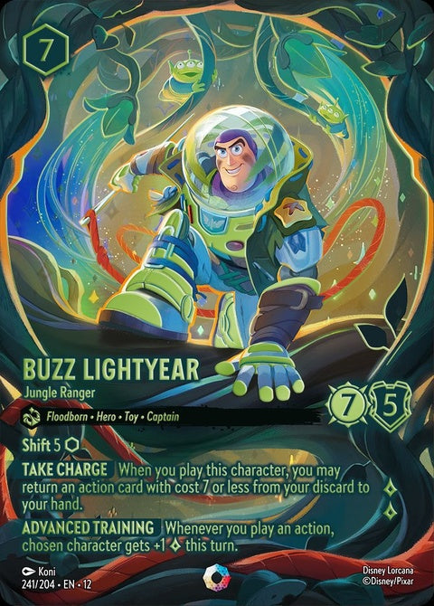 Disney Lorcana Buzz Lightyear Jungle Ranger single card featuring Buzz Lightyear in jungle-themed adventure pose.