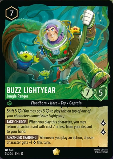 Buzz Lightyear Jungle Ranger Disney Lorcana singles card featuring Buzz in jungle-themed costume on a colorful illustrated background.