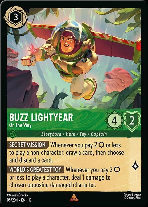Buzz Lightyear Disney Lorcana singles card titled "On The Way" featuring Buzz in a dynamic pose with colorful background.