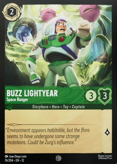 Buzz Lightyear Space Ranger Disney Lorcana singles card featuring Buzz in his space suit with colorful cosmic background.