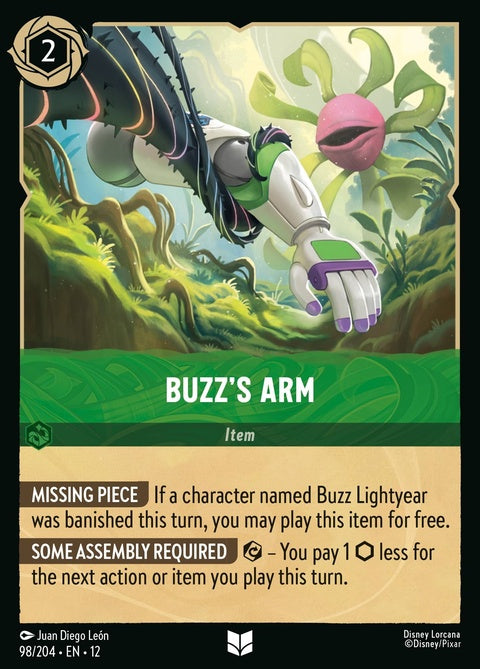 Disney Lorcana Buzz's Arm (98) singles card featuring Buzz Lightyear's arm illustration in vibrant colors.