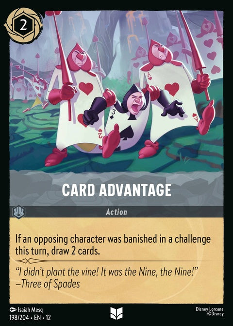Disney Lorcana Card Advantage 198 single card with colorful artwork, featuring magical characters and vibrant design.