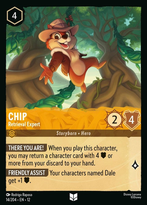Disney Lorcana Chip Retrieval Expert singles card featuring Chip in a detailed illustration on a collectible card.