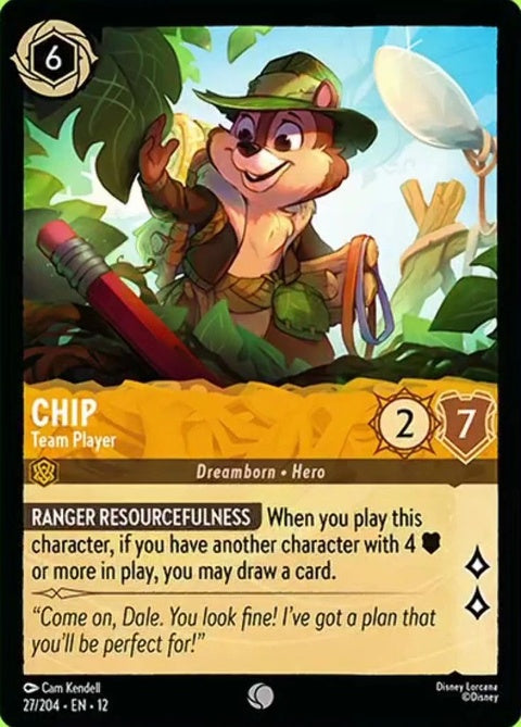Disney Lorcana Chip - Team Player 27 singles card featuring Chip in a playful pose with colorful Disney-themed artwork.