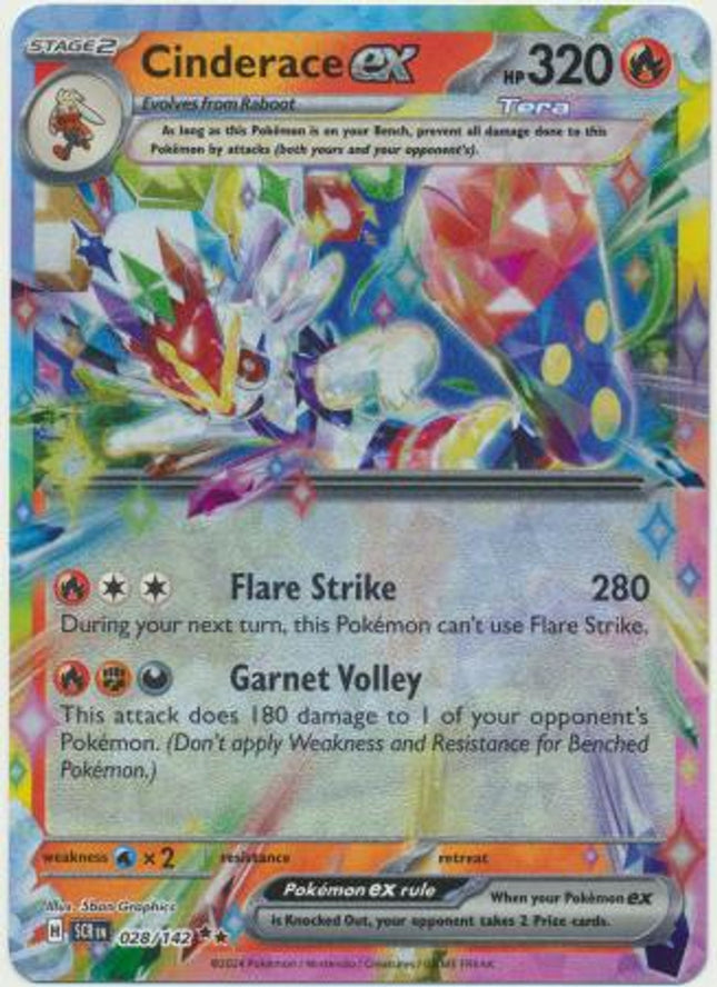 Cinderace ex 028/142 Pokémon card from Stellar Crown set, Double Rare, featuring Cinderace in dynamic pose, by KTM Collectibles UK