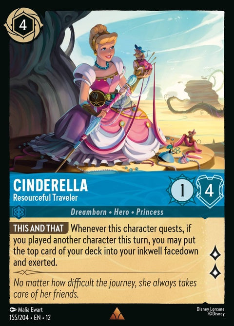 Disney Lorcana Cinderella - Resourceful Traveler single card featuring Cinderella in her travel outfit with intricate artwork.