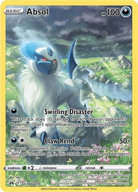 Pokémon Crown Zenith Galarian Gallery Absol card, GG16/GG70, featuring detailed illustration of the Dark-type Pokémon.