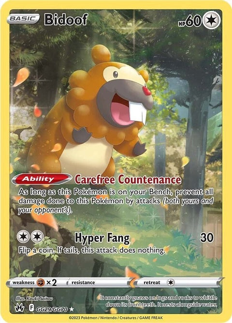 Pokémon Crown Zenith Galarian Gallery Bidoof single card with artwork, featuring the Pokémon Bidoof from the Galarian Gallery collection.