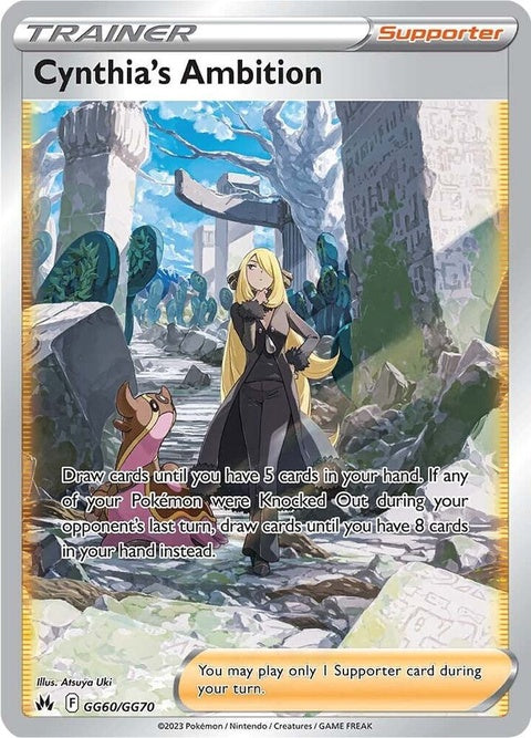 Pokémon Crown Zenith Galarian Gallery Cynthia's Ambition single card, featuring detailed artwork of Cynthia from the Galar region.