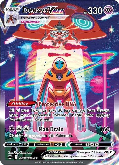 Pokémon Crown Zenith Galarian Gallery Deoxys Vmax single card, vibrant artwork featuring Pokémon Deoxys in dynamic pose.