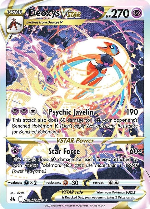 Pokémon Crown Zenith Galarian Gallery Deoxys Vstar card, GG46/GG70, featuring vibrant artwork of the Deoxys Vstar Pokémon.