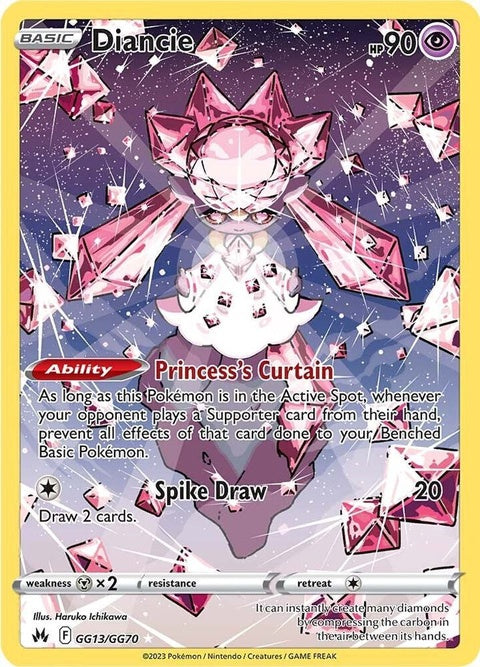 Pokémon Crown Zenith Galarian Gallery Diancie card, GG13/GG70, single collectible trading card featuring a vibrant Diancie illustration.