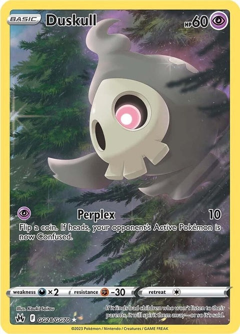 Pokémon Crown Zenith Galarian Gallery Duskull trading card, singles from the GG28 and GG70 sets, featuring detailed artwork.