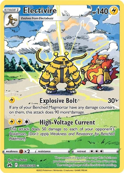 Pokémon Crown Zenith Galarian Gallery Electivire card, singles from GG08/GG70, featuring vibrant artwork and Pokémon branding