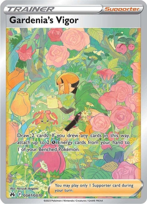 Pokémon Crown Zenith Galarian Gallery Gardenia's Vigor single card, featuring vibrant artwork of Gardenia, GG61/GG70.
