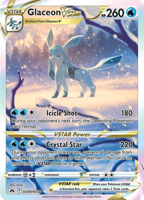 Pokémon Crown Zenith Galarian Gallery Glaceon Vstar card, singles, featuring artwork of Glaceon Vstar from Pokémon TCG set.