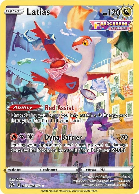 Pokémon Crown Zenith Galarian Gallery Latias card, GG20/GG70, featuring vibrant artwork of the Galarian Legendary Pokémon.