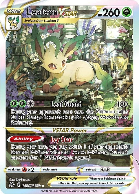 Pokémon Crown Zenith Galarian Gallery Leafeon Vstar card featuring vibrant artwork, labeled GG35/GG70, in a Pokémon trading card image.
