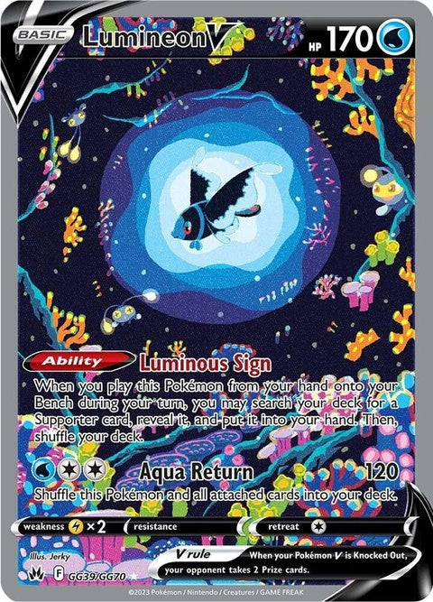 Pokémon Crown Zenith Galarian Gallery Lumineon V trading card, singles from GG39/GG70, featuring vibrant artwork and detailed design.