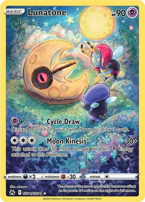Pokémon Crown Zenith Galarian Gallery Lunatone card from GG11/GG70 set, featuring detailed artwork of the rock Pokémon.
