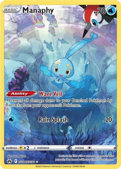 Pokémon Crown Zenith Galarian Gallery Manaphy card, singles from GG06/GG70 series, featuring detailed artwork.
