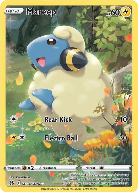 Pokémon Crown Zenith Galarian Gallery Mareep single card with vibrant artwork, featuring Mareep in a colorful scene.