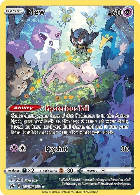 Pokémon Crown Zenith Galarian Gallery Mew single card with GG10/GG70 labels, featuring artwork of the Psychic-type Pokémon.
