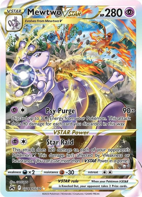 Pokémon Crown Zenith Galarian Gallery Mewtwo VStar card, singles from the Galarian Gallery set, featuring Mewtwo in vibrant artwork.