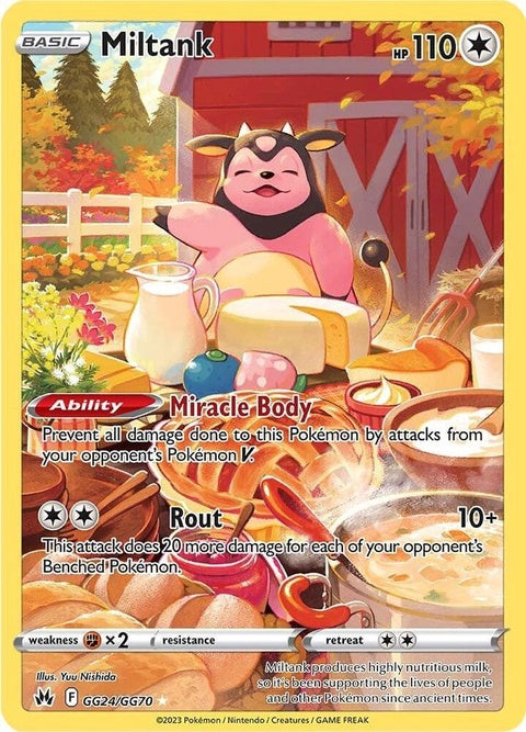 Pokémon Crown Zenith Galarian Gallery Miltank card, singles from GG24 and GG70, featuring detailed artwork of a Miltank.