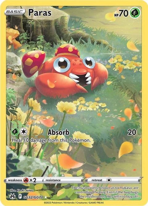 Pokémon Crown Zenith Galarian Gallery Paras single card with artwork, featuring a small insect Pokémon in vibrant colors.