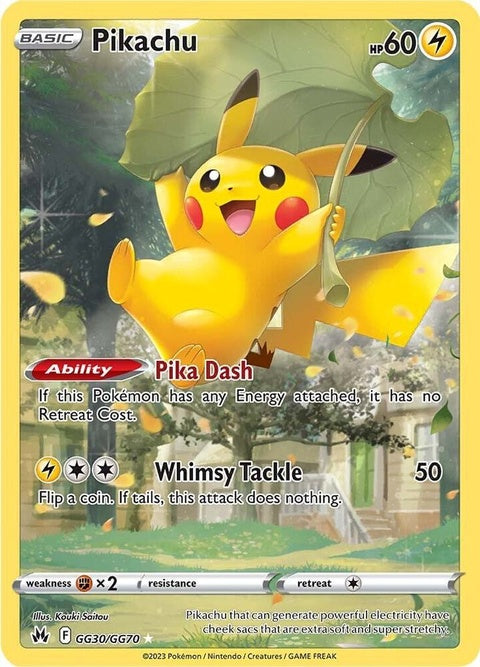 Galarian Gallery Pikachu Pokémon card from Crown Zenith featuring vibrant illustration and card number GG30/GG70.