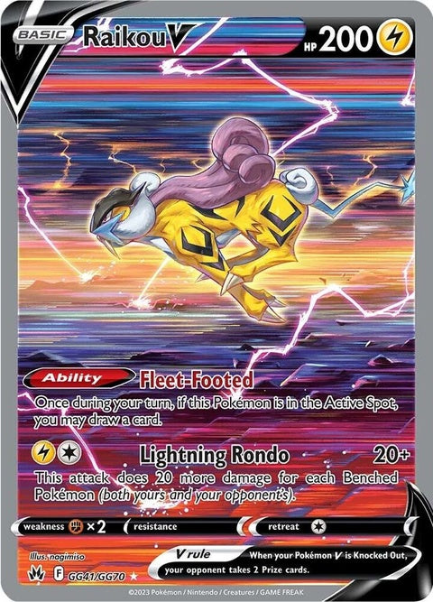 Pokémon Crown Zenith Galarian Gallery Raikou V card, singles from GG41/GG70, featuring detailed artwork of Electric-type Pokémon.