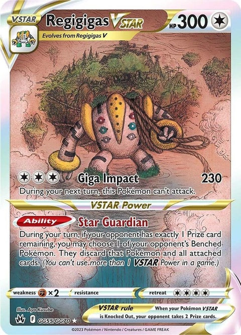 Pokémon Crown Zenith Galarian Gallery Regigigas Vstar single card featuring artwork of Regigigas Vstar in a vibrant design.