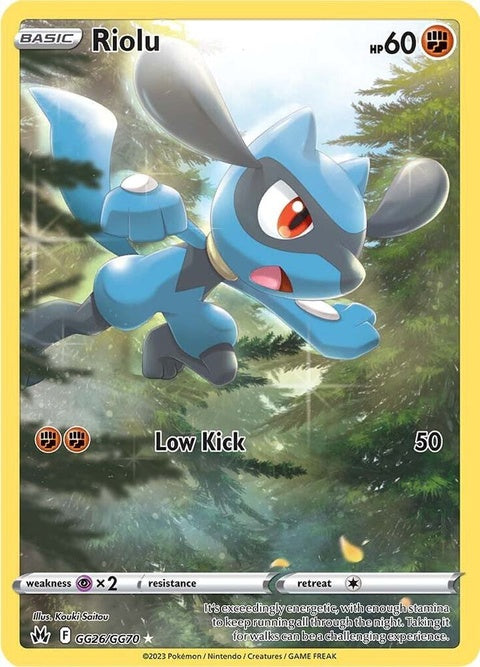 Galarian Gallery Riolu Pokémon card from Crown Zenith, featuring artwork and details of the Pokémon and set numbers GG26/GG70.