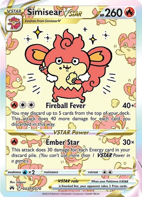 Pokémon Crown Zenith Galarian Gallery Simisear Vstar card, GG37/GG70, featuring vibrant artwork and detailed design.