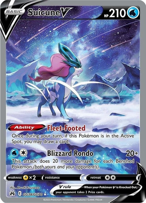 Pokémon Crown Zenith Galarian Gallery Suicune V trading card, featuring vibrant artwork and detailed design.