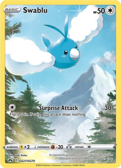 Pokémon Crown Zenith Galarian Gallery Swablu single card, featuring detailed illustration and vibrant colors.
