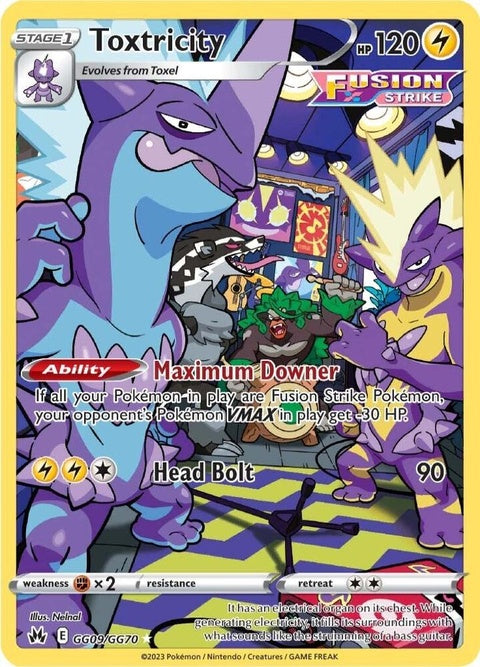 Pokémon Crown Zenith Galarian Gallery Toxtricity single card with vibrant illustration and holographic design.