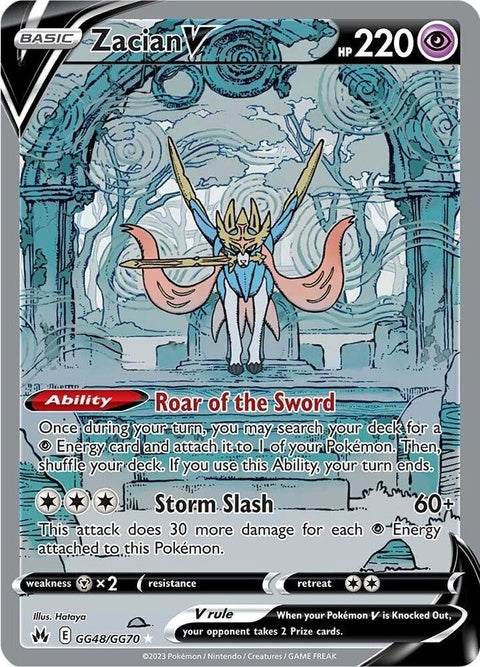 Pokémon Crown Zenith Galarian Gallery Zacian V trading card, singles, featuring artwork of Zacian V from the Galar region.