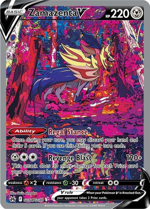 Pokémon Crown Zenith Galarian Gallery Zamazenta V single card featuring artwork and branding, numbered GG54/GG70.