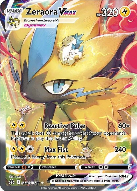 Pokémon Crown Zenith Galarian Gallery Zeraora Vmax card featuring vibrant artwork and holographic details.
