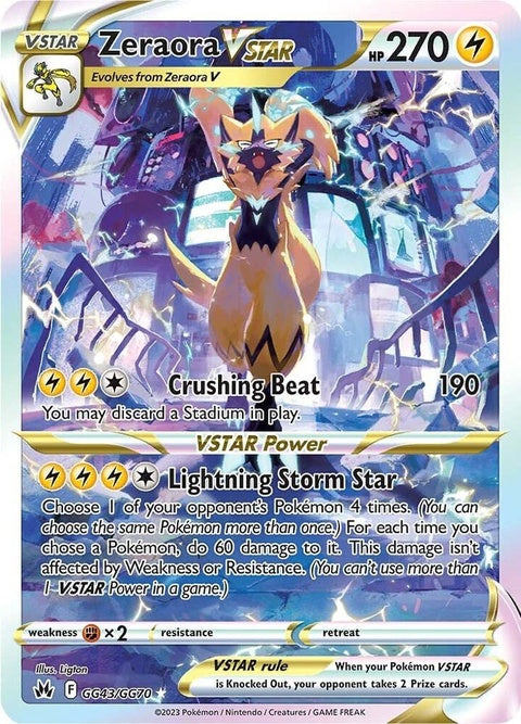 Pokémon Crown Zenith Galarian Gallery Zeraora Vstar card, GG43/GG70, featuring vibrant artwork of the electric-type Pokémon.